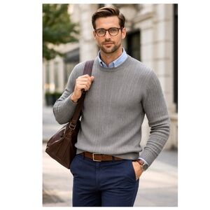 HATHAWAY SPORT $120 Brunswick Crewneck 100% Combed Cotton Gray Sweater‎ Sz L